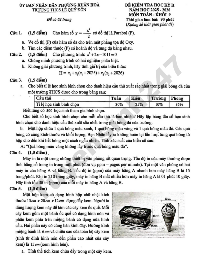 De thi hoc ki 2 lop 9 mon Toan 2026 - THCS Le Quy Don
