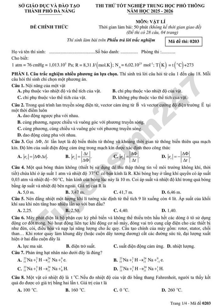 De thi thu mon Ly tot nghiep THPT 2026 - TP Da Nang