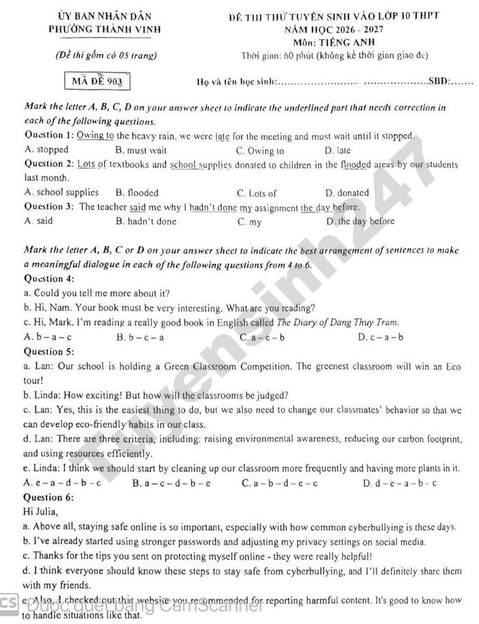 De thi thu vao lop 10 mon Anh 2026 - phuong Thanh Vinh
