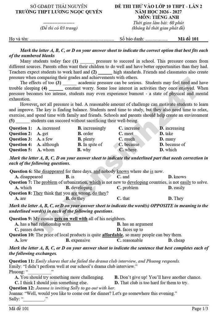 De thi thu vao lop 10 nam 2026 mon Anh - THPT Luong Ngoc Quyen (lan 2)