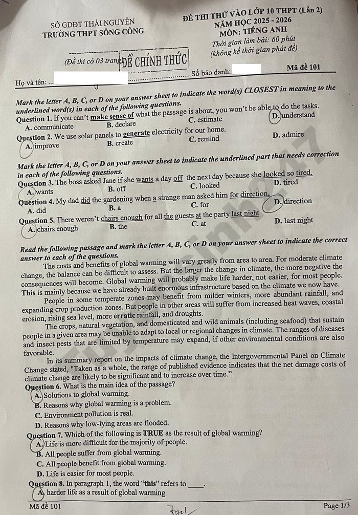 De thi thu vao lop 10 lan 2 mon Anh 2026 - THPT Song Cong
