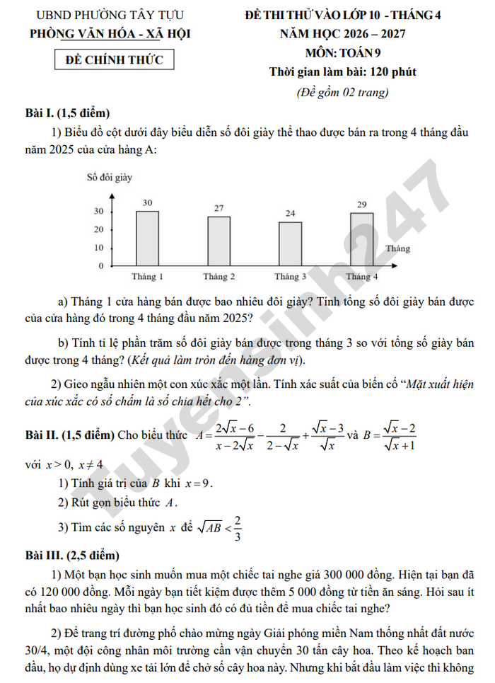 De thi thu vao lop 10 mon Toan 2026 - Phuong Tay Tuu