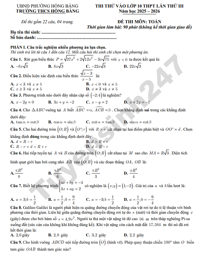 De thi thu vao lop 10 mon Toan 2026 - THCS Hong Bang lan 3