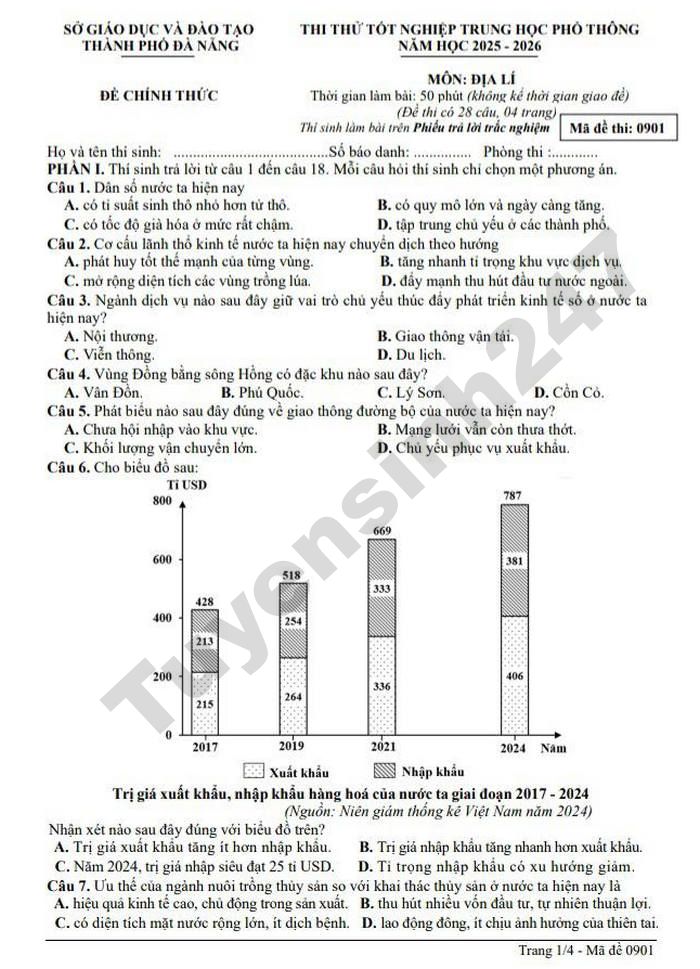 De thi thu tot nghiep THPT mon Dia 2026 - TP Da Nang