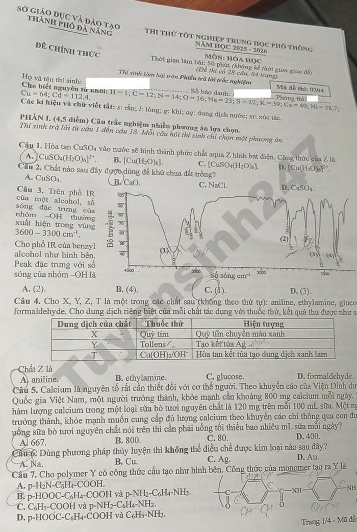 De thi thu tot nghiep THPT 2026 mon Hoa - TP Da Nang