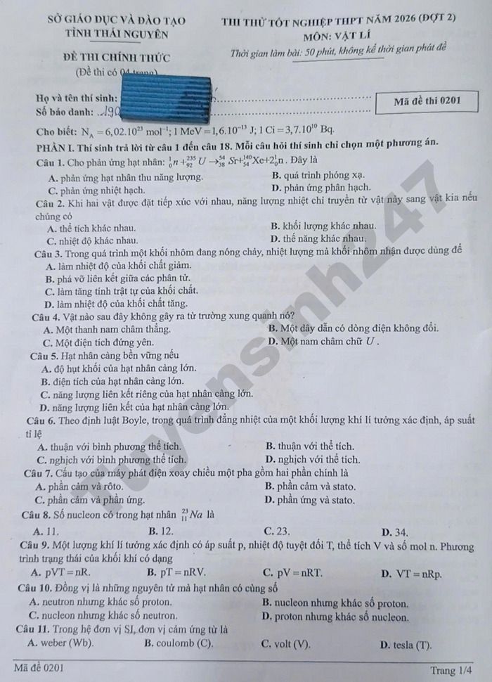 De thi thu mon Ly tot nghiep THPT 2026 - So GD Thai Nguyen (dot 2)