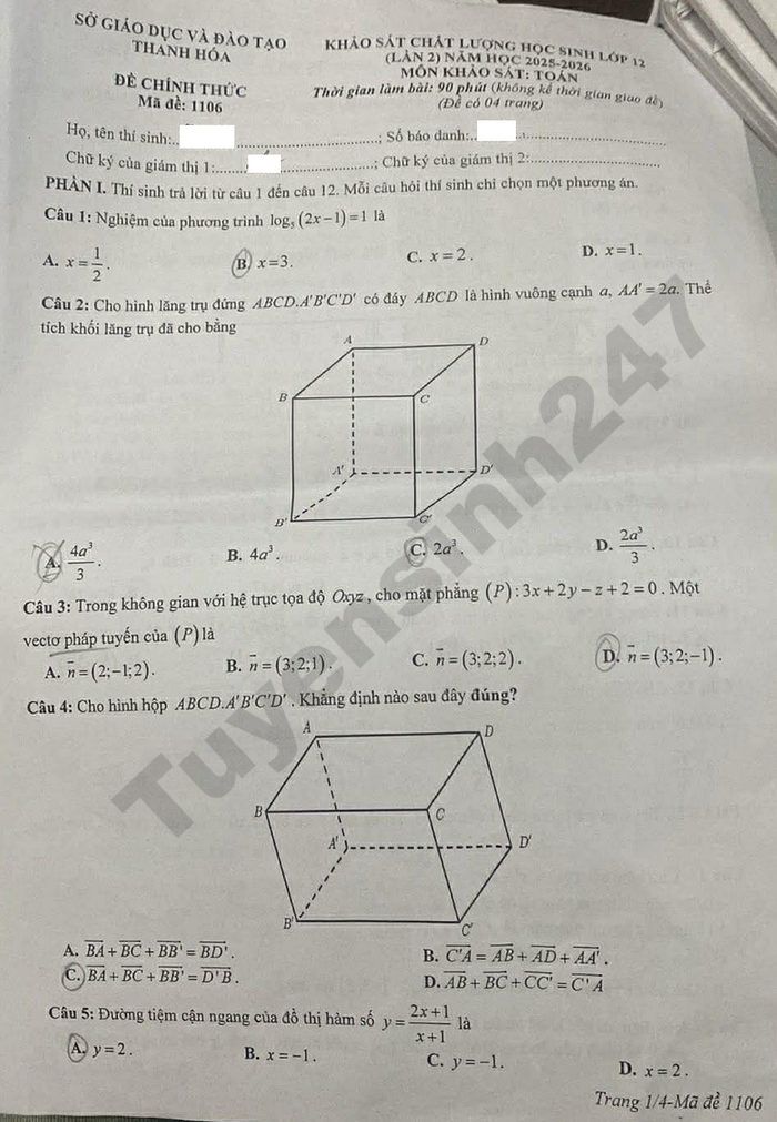 De thi thu mon Toan TN THPT 2026 lan 2 - So GD Thanh Hoa