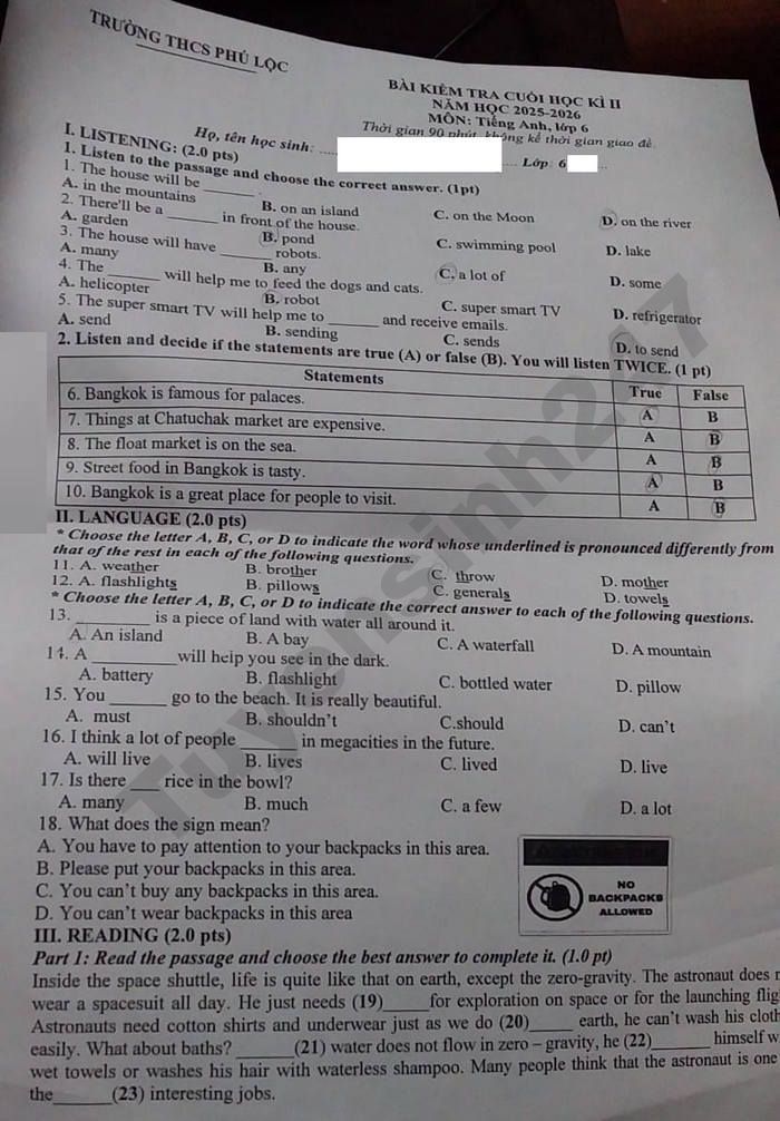 De thi hoc ki 2 lop 6 mon Anh 2026 - THCS Phu Loc