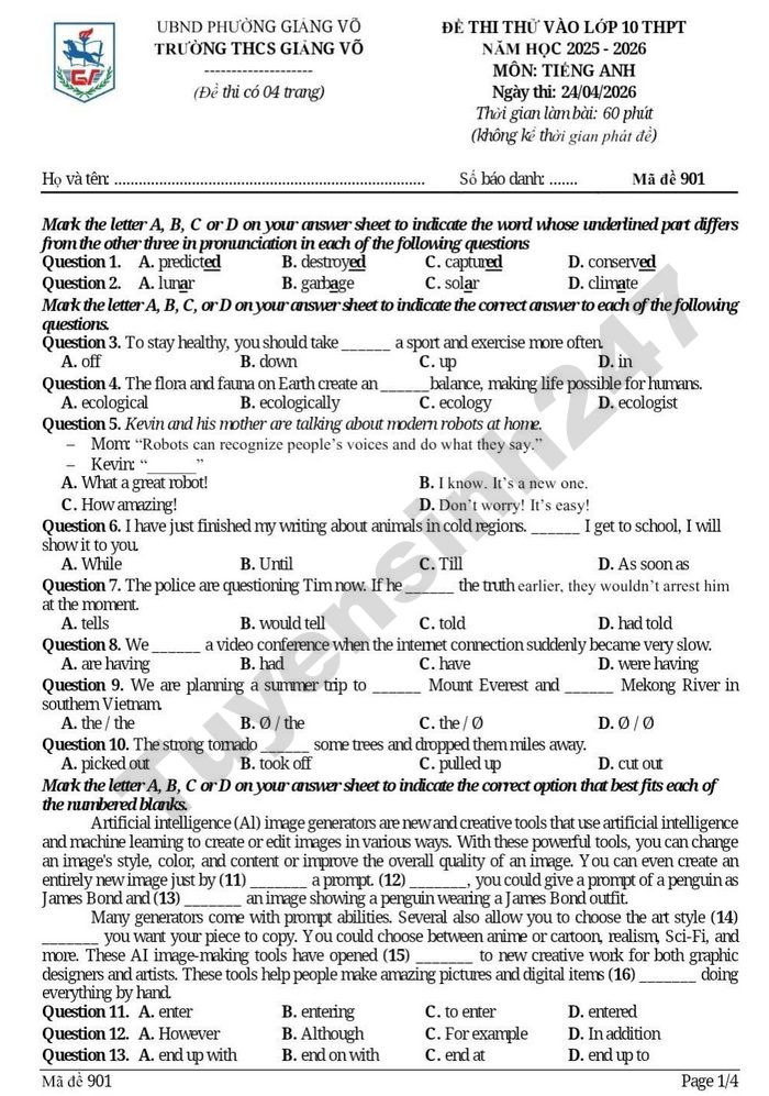 De thi thu vao lop 10 mon Anh - THCS Giang Vo 2026