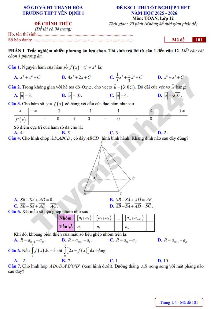 De thi thu mon Toan tot nghiep THPT 2026 - THPT Yen Dinh 1