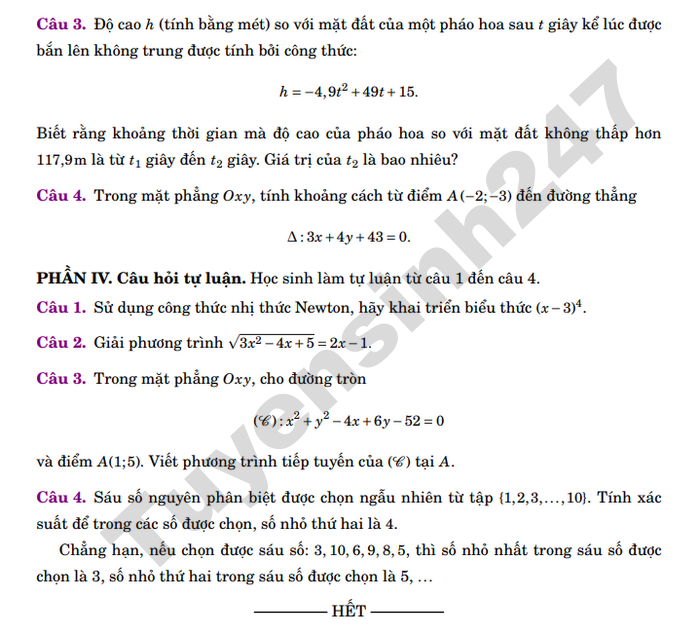 De thi hoc ki 2 mon Toan 10 THPT Chuyen Luong The Vinh 2026