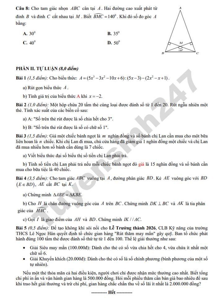 De thi ki 2 nam 2026 THCS Le Ngoc Han - lop 7 mon Toan (co dap an)