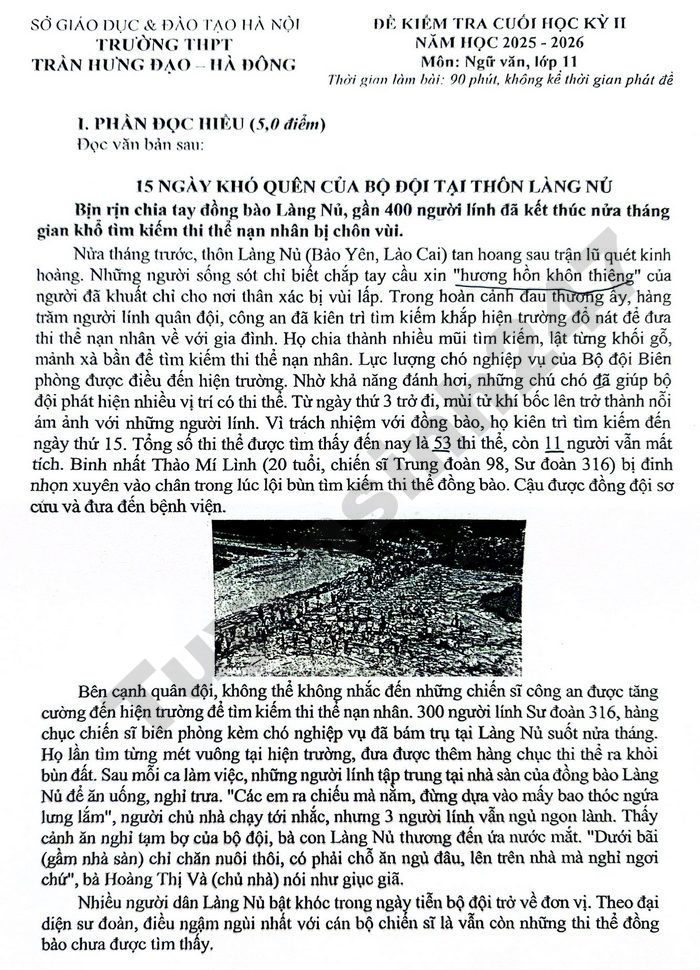 De thi cuoi ki 2 lop 11 mon Van 2026 - THPT Tran Hung Dao - Ha Dong