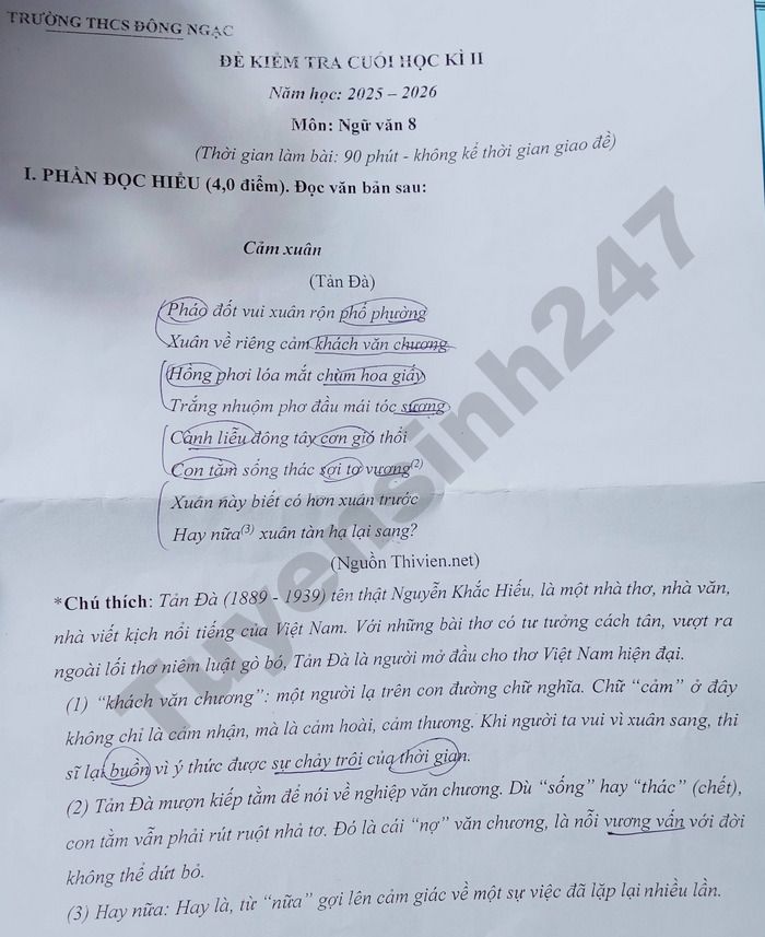 De thi hoc ki 2 lop 8 mon Van 2026 - THCS Dong Ngac
