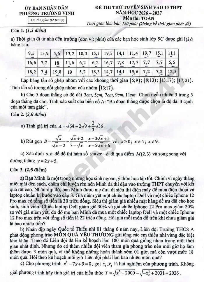 De thi thu vao lop 10 mon Toan - Phuong Truong Vinh 2026