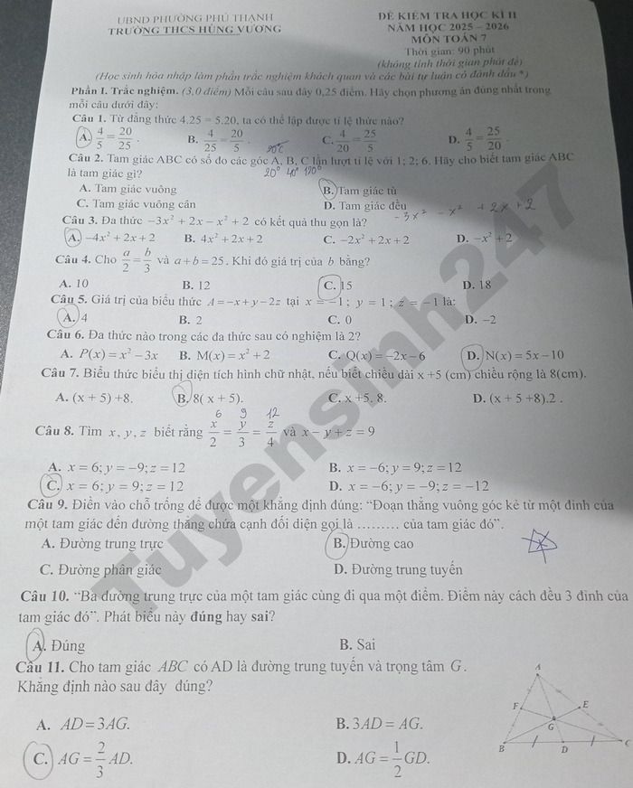 De thi hoc ki 2 lop 7 mon Toan 2026 - THCS Hung Vuong