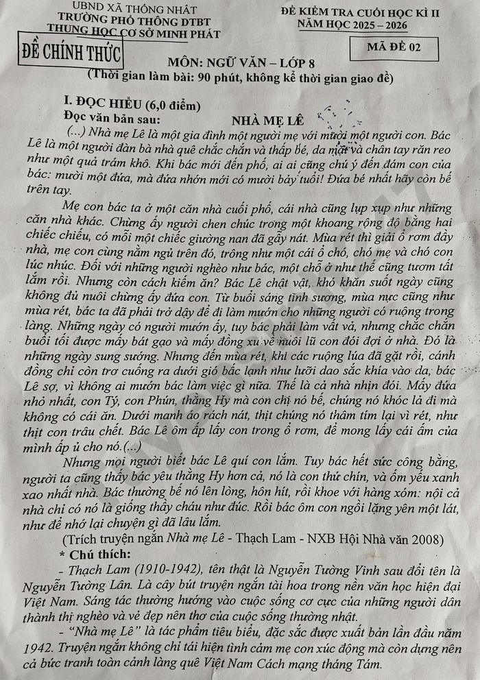 De thi cuoi ki 2 lop 8 mon Van 2026 - Truong Pho thong DTBT THCS Minh Phat
