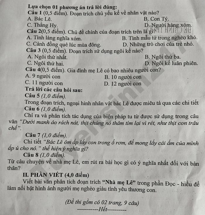 De thi cuoi ki 2 lop 8 mon Van 2026 - Truong Pho thong DTBT THCS Minh Phat