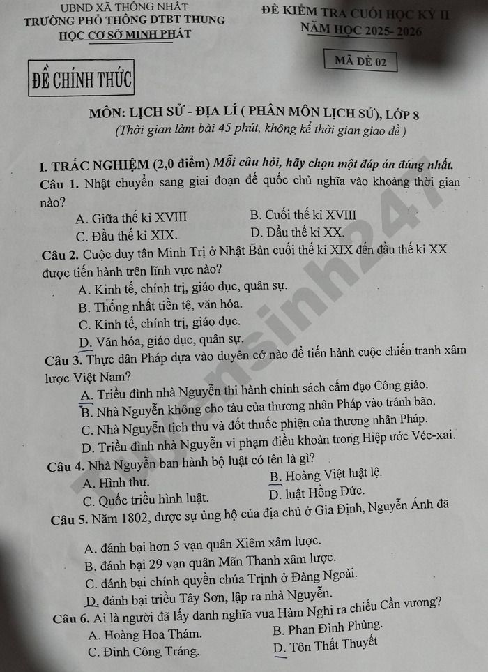 De thi ki 2 lop 8 mon Su-Dia 2026 - Pho thong DTBT THCS Minh Phat