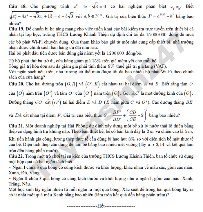 De thi thu vao lop 10 mon Toan - THCS Luong Khanh Thien 2026