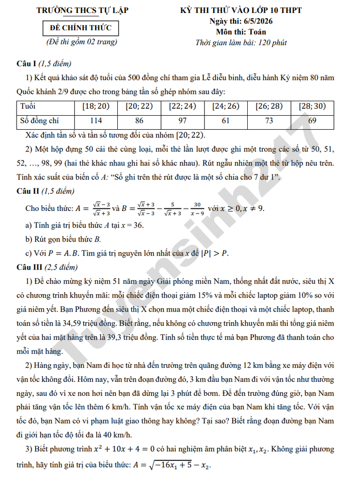 De thi thu vao lop 10 mon Toan 2026 - THCS Tu Lap (co dap an)