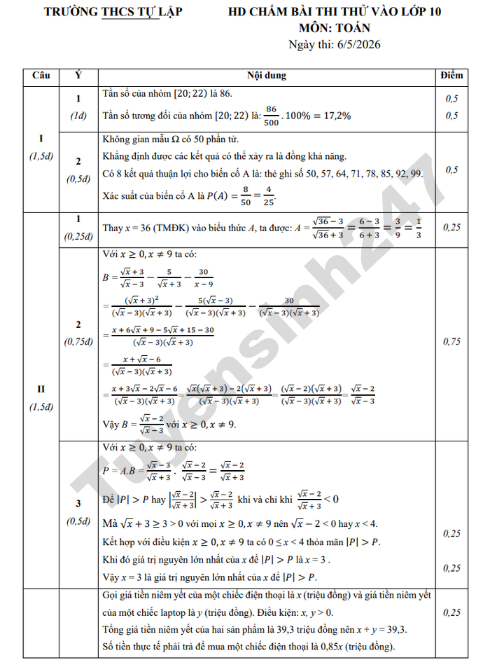 De thi thu vao lop 10 mon Toan 2026 - THCS Tu Lap (co dap an)