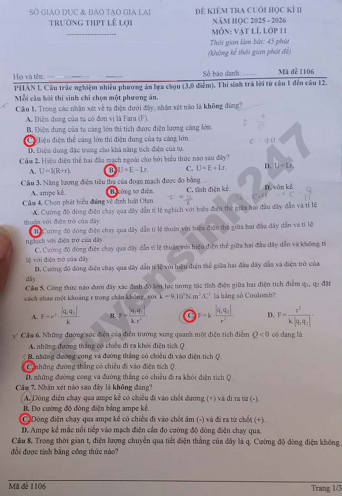 De thi cuoi ki 2 mon Ly lop 11 THPT Le Loi 2026