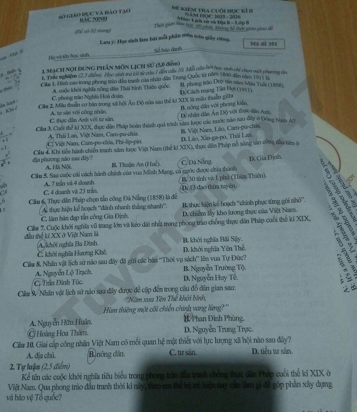 De thi cuoi ki 2 lop 8 mon Su-Dia - So GD Bac Ninh 2026