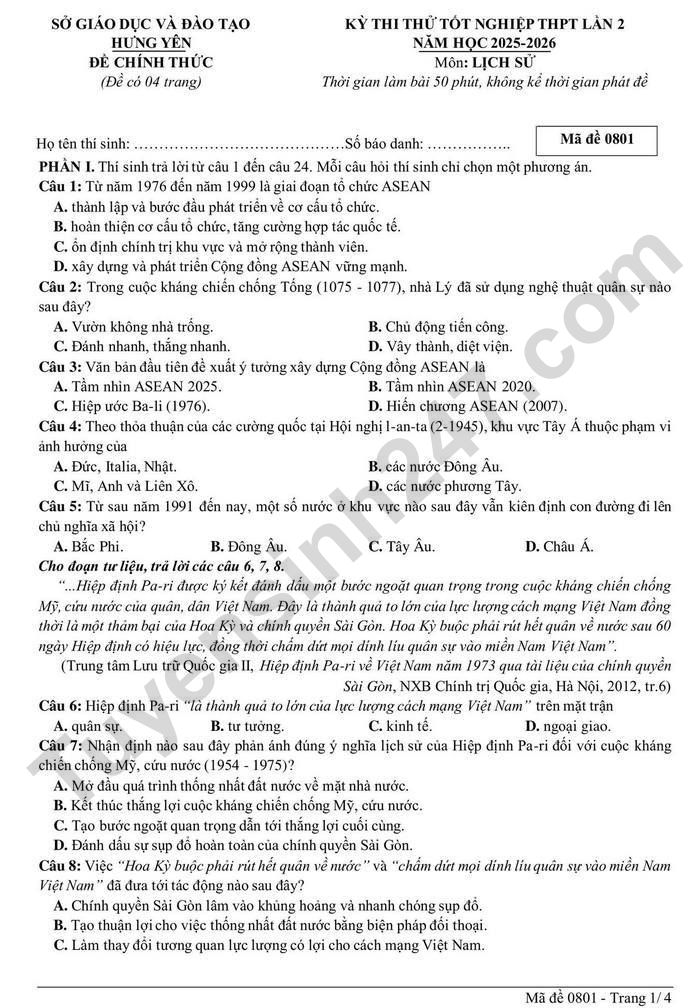 De thi thu tot nghiep THPT mon Su 2026 - So GD Hung Yen lan 2