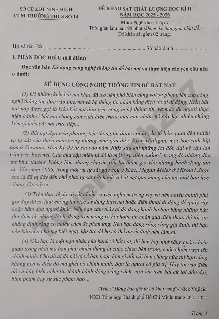 De thi hoc ki 2 lop 7 mon Van 2026 - Cum truong THCS so 14 Ninh Binh