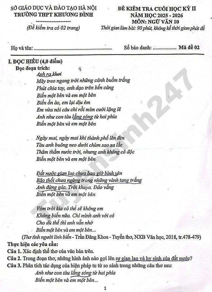 De thi cuoi ki 2 mon Van lop 10 THPT Khuong Dinh 2026