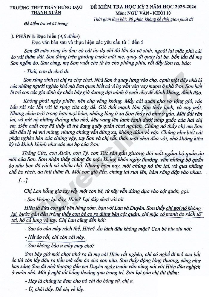 De thi hoc ki 2 lop 10 mon Van 2026 - THPT Tran Hung Dao Thanh Xuan