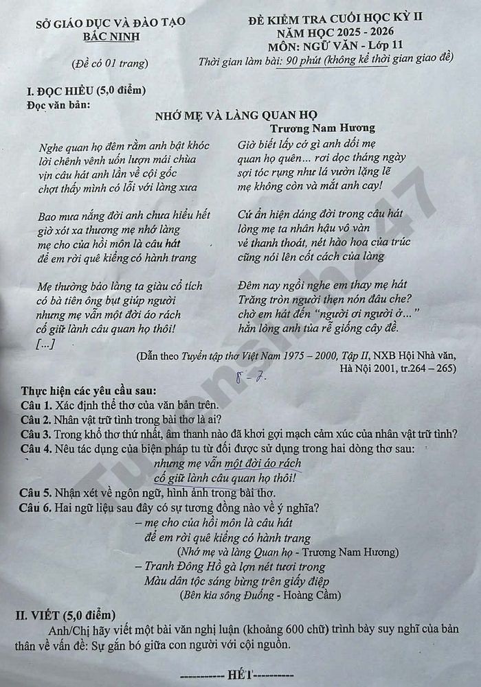 De thi hoc ki 2 nam 2026 mon Van lop 11 - So GD Bac Ninh