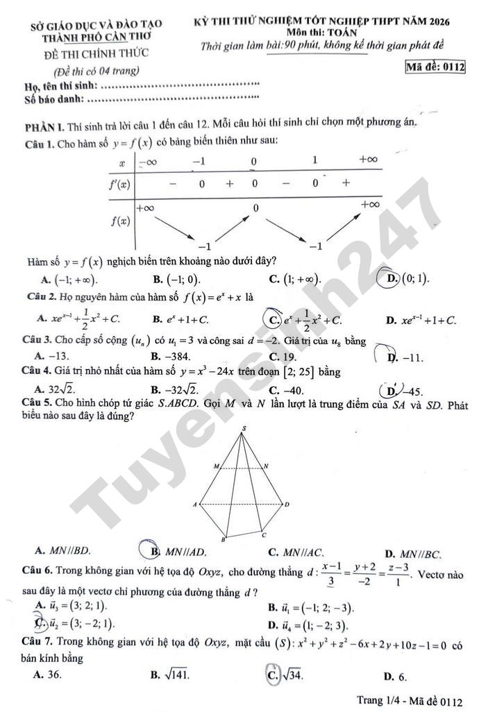 De thi thu tot nghiep THPT 2026 mon Toan - TP Can Tho