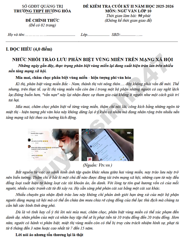 De thi cuoi ki 2 nam 2026 THPT Huong Hoa - lop 10 mon Van