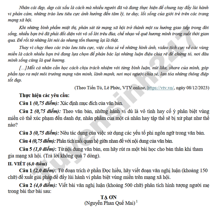 De thi cuoi ki 2 nam 2026 THPT Huong Hoa - lop 10 mon Van