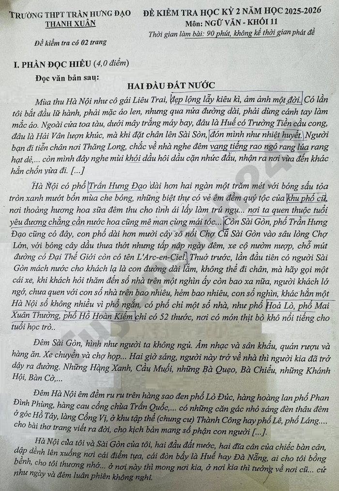 De thi hoc ki 2 mon Van lop 11 - THPT Tran Hung Dao Thanh Xuan 2026