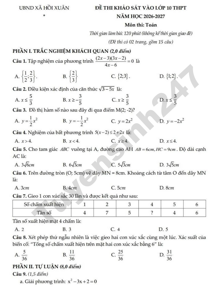 De thi thu vao lop 10 nam 2026 mon Toan - xa Hoi Xuan (co dap an)