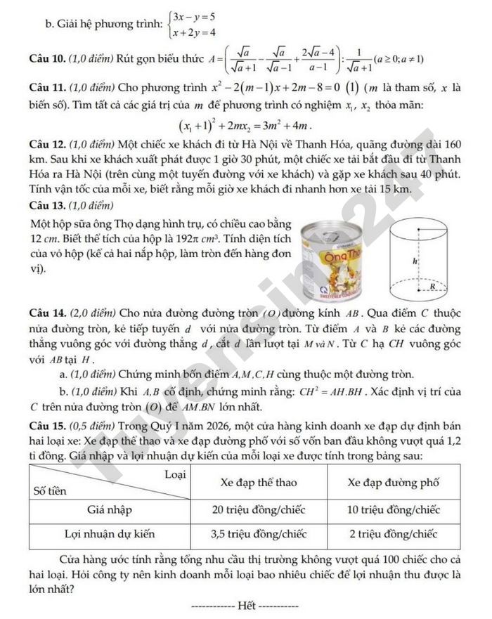 De thi thu vao lop 10 nam 2026 mon Toan - xa Hoi Xuan (co dap an)