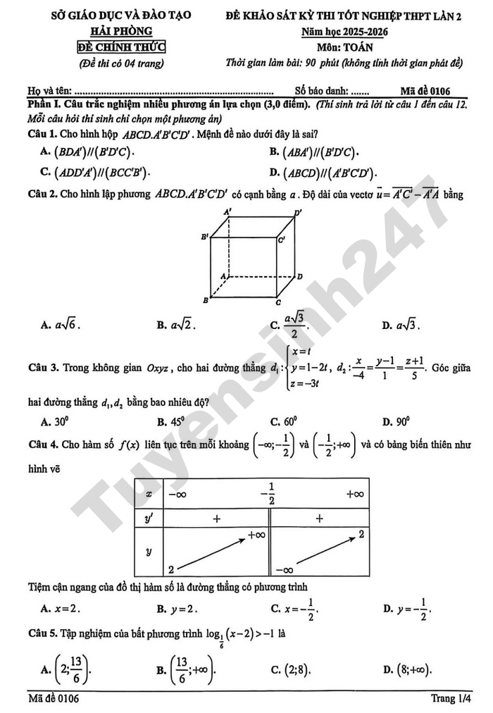 De thi thu tot nghiep THPT 2026 mon Toan - Hai Phong (lan 2)