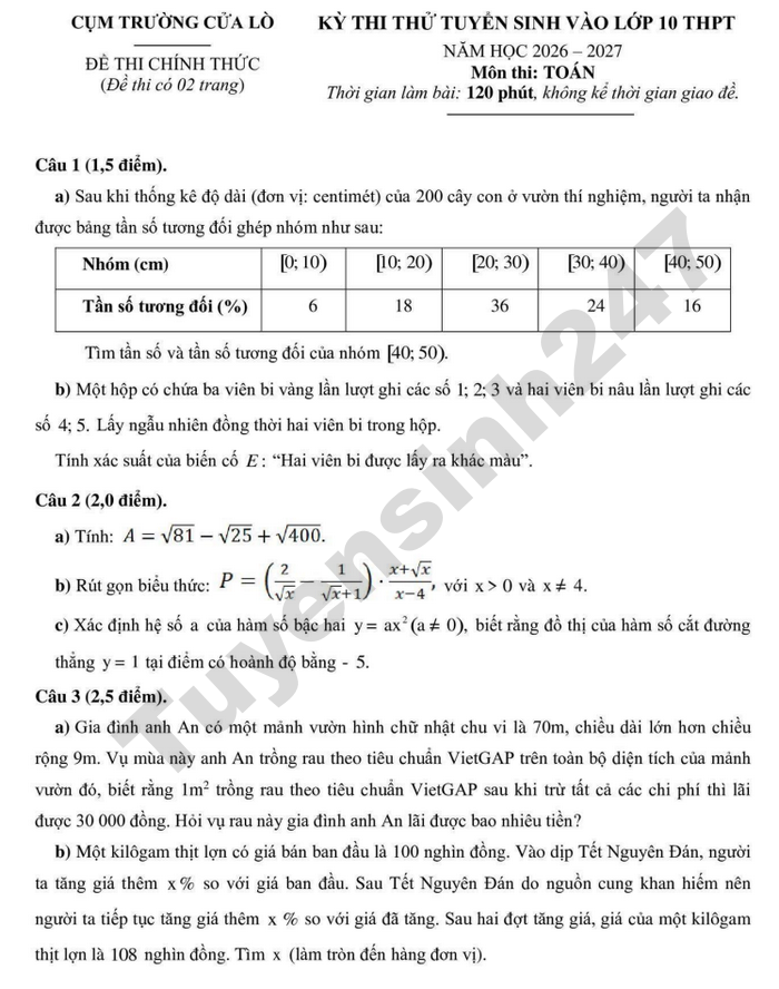 De thi thu vao lop 10 nam 2026 mon Toan - Cum truong Cua Lo