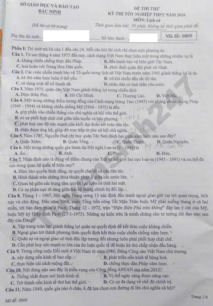 De thi thu mon Su tot nghiep THPT nam 2026 - So GD Bac Ninh