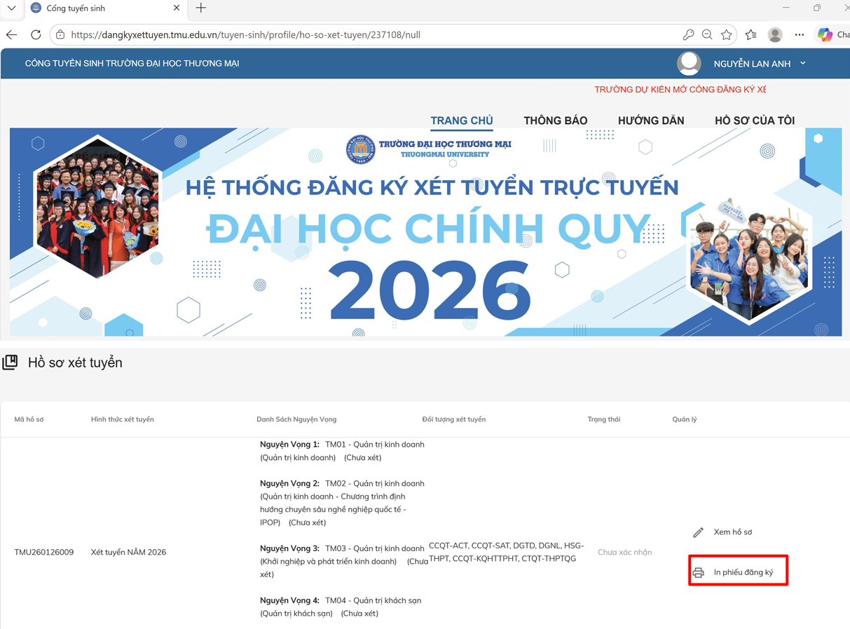 Dai hoc Thuong Mai (TMU) huong dan dang ky xet tuyen Dai hoc chinh quy 2026