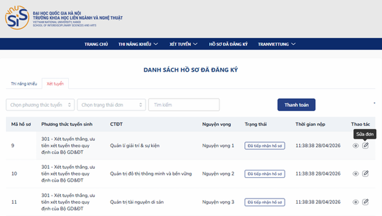 Truong Khoa hoc Lien nganh va Nghe thuat - DHQGHN huong dan dang ky ho so xet tuyen 2026