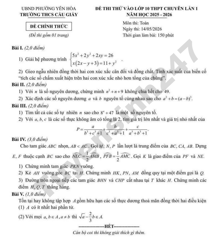 De thi thu vao lop 10 chuyen 2026 mon Toan - THCS Cau Giay (lan 1)