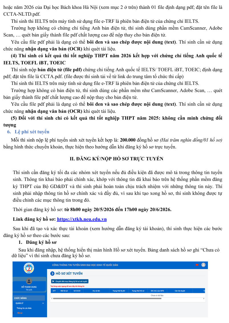 Huong dan nop ho so xet tuyen Dai hoc Kinh te quoc dan 2026
