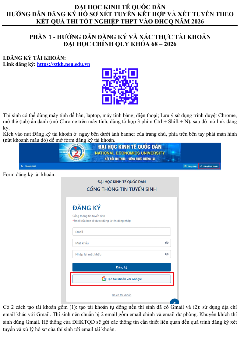 Huong dan nop ho so xet tuyen Dai hoc Kinh te quoc dan 2026
