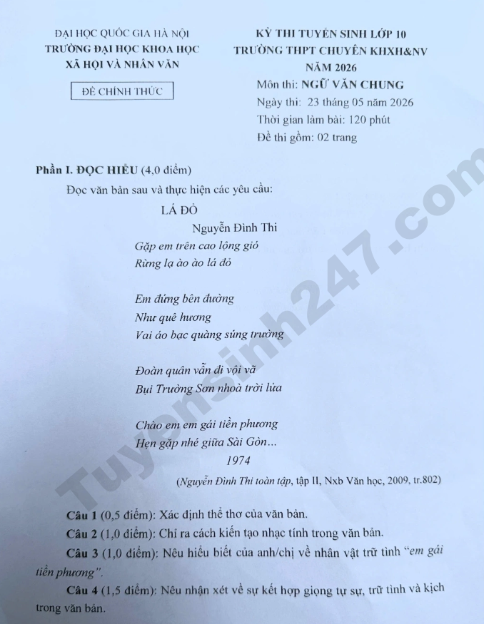 Dap an de thi mon Van vao lop 10 - Chuyen Khoa hoc xa hoi va nhan van HN 2026