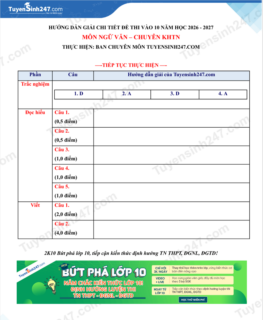 Dap an de thi vao lop 10 mon Van 2026 - Chuyen Khoa hoc tu nhien HN