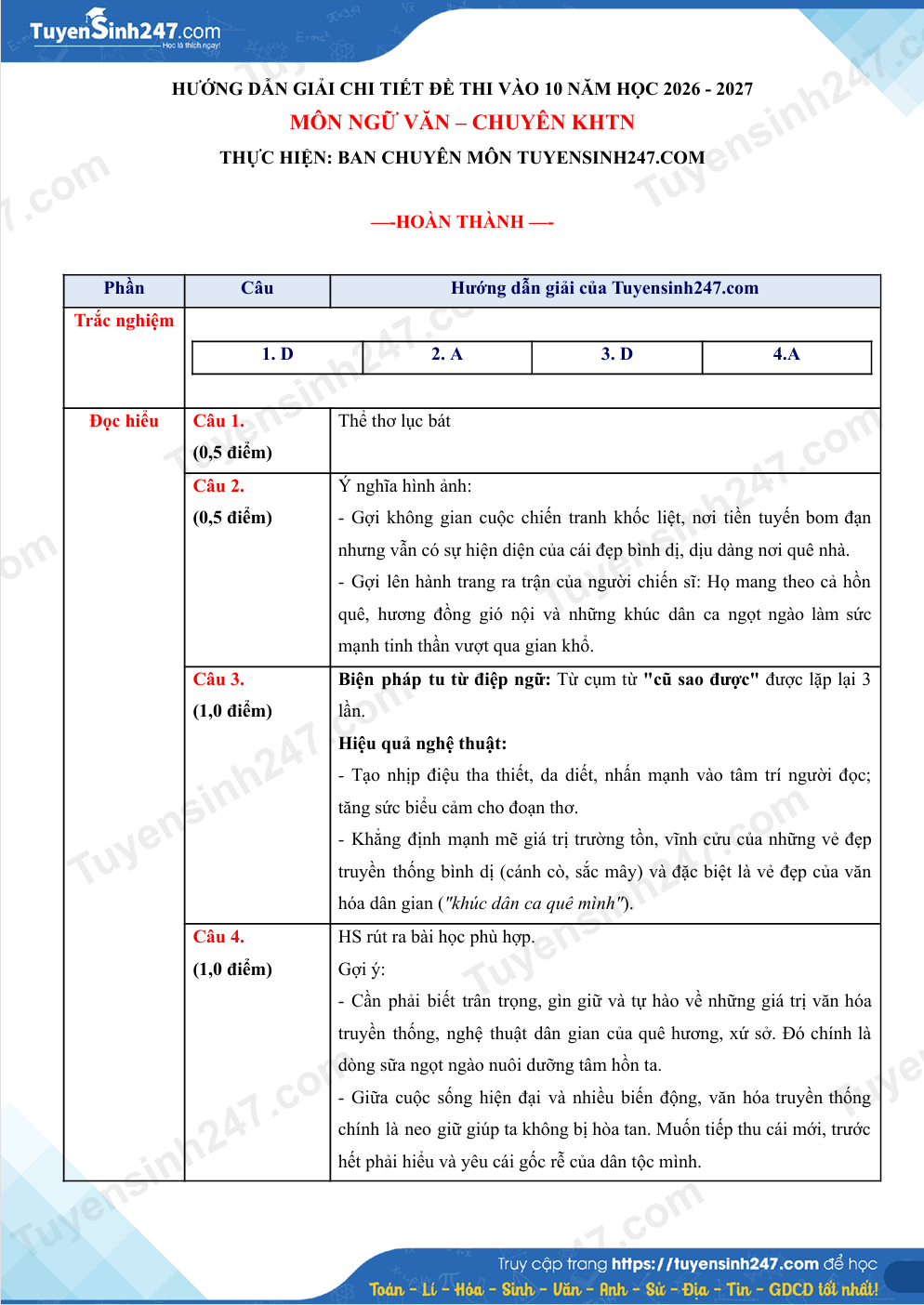 Dap an de thi vao lop 10 mon Van 2026 - Chuyen Khoa hoc tu nhien HN